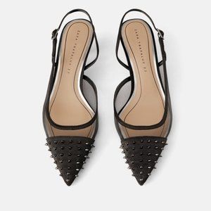 Zara Mesh Studded Slingback Kitten Heels